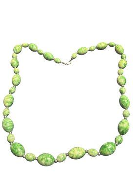 Vtg 90s Marbled Green Plastic Bead Necklace Silvertone Spacer Bead Lobster Clasp